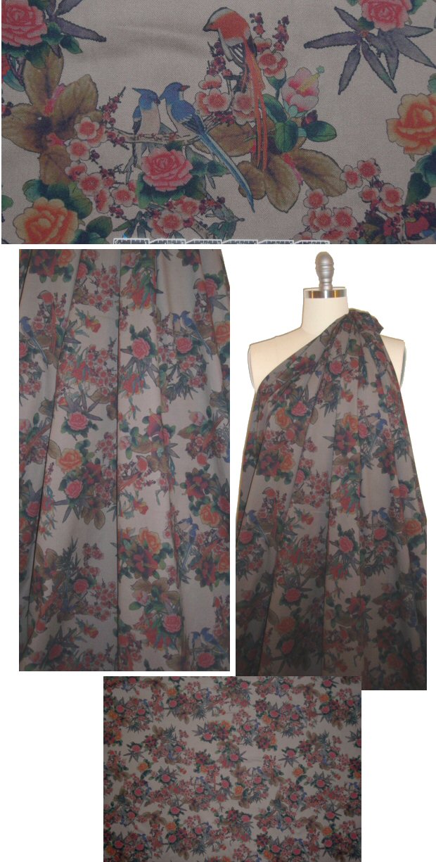 French flowers and birds printed stretch twill - gray 1.66 yd