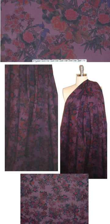 French flowers and birds printed stretch twill - plum 1.125 yds