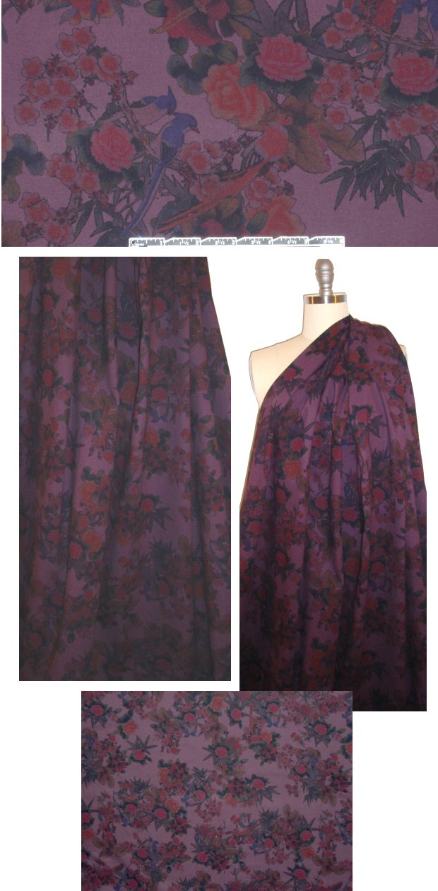 French flowers and birds printed stretch twill - plum 1.75 yd
