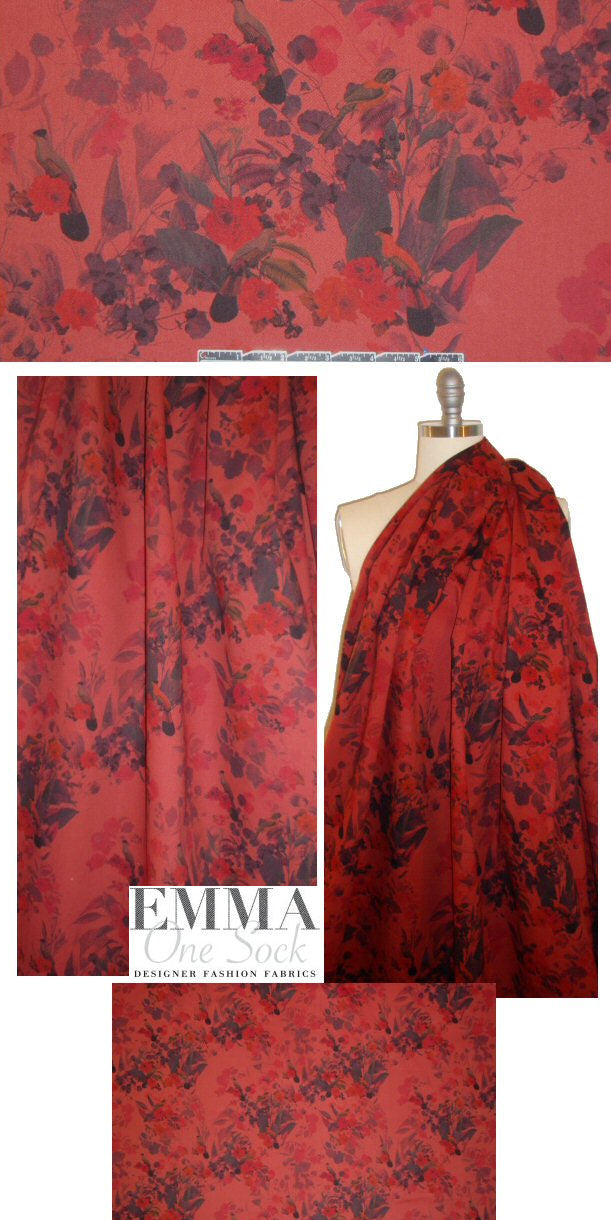 French floral bouquet printed stretch twill - cinnabar 1.5 yd