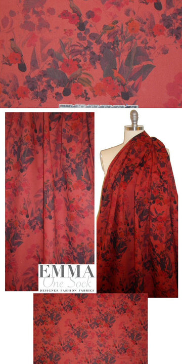 French floral bouquet printed stretch twill - cinnabar 1.5 yd