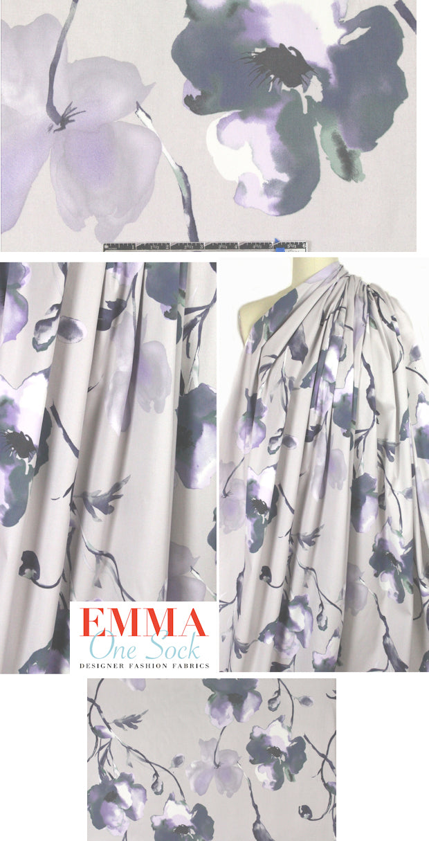 Italian shades of purple floral cotton stretch twill