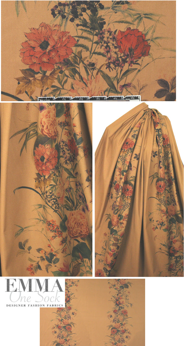 French floral motif printed stretch twill - suntan