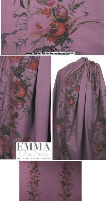 French floral motif printed stretch twill - plum