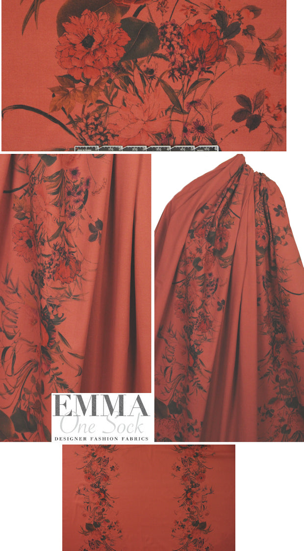 French floral motif printed stretch twill - cinnabar