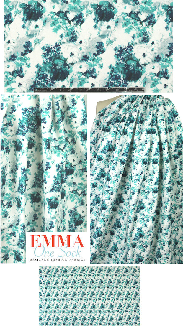 Italian mallard/teal/white floral cotton stretch twill 2 yds