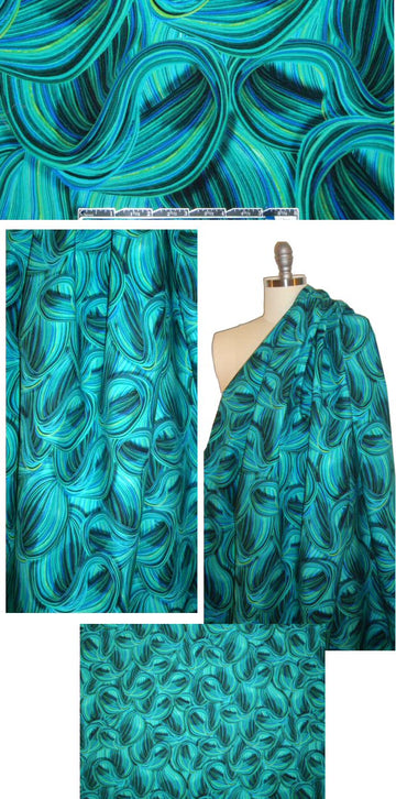 NY designer blue/green swirl graphic backed cotton twill