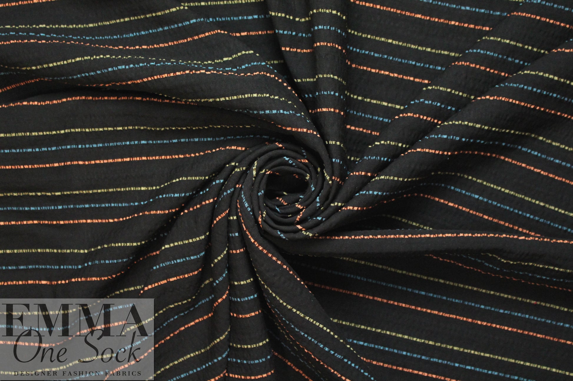 NY designer black crinkle woven with ribbon stripes