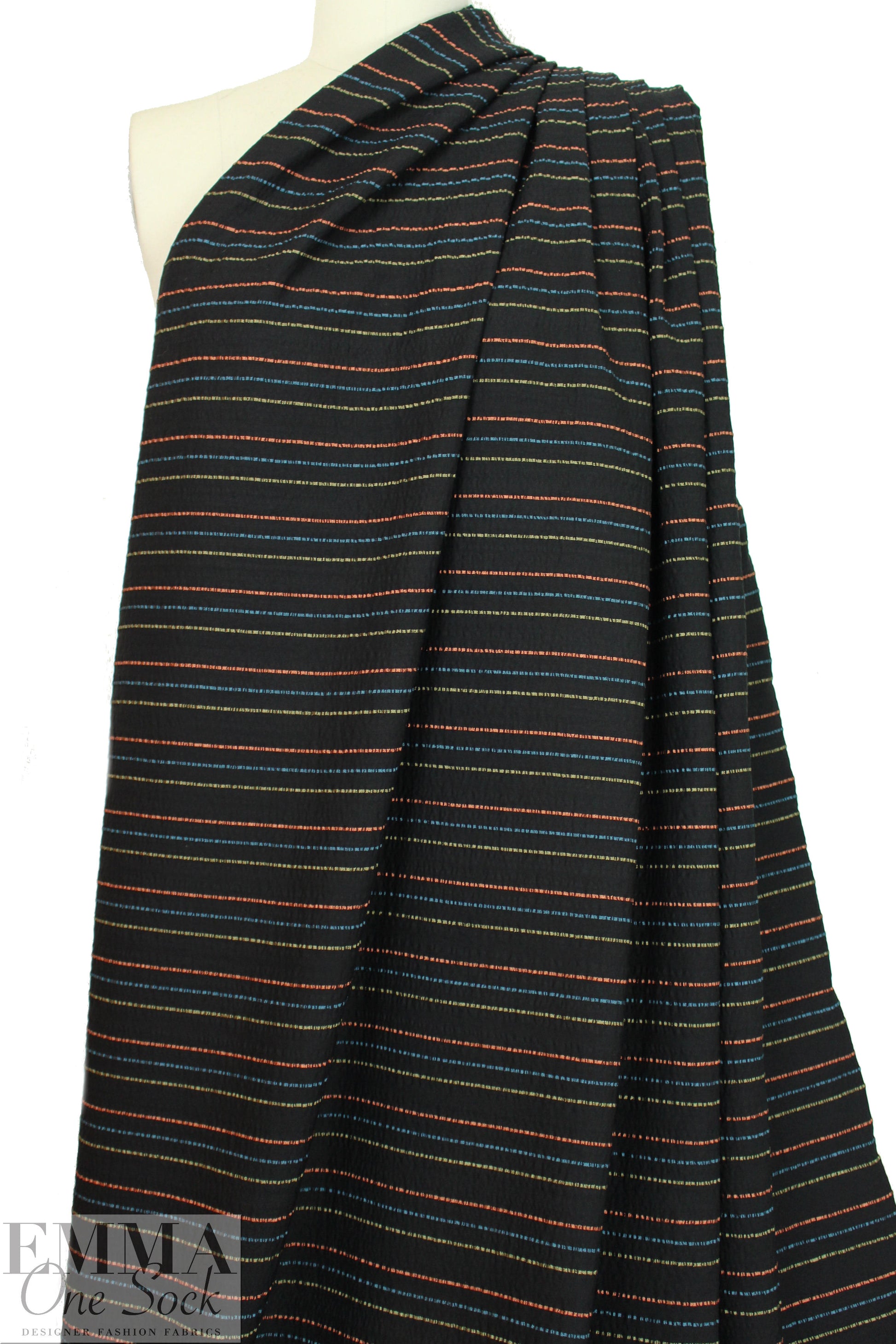 NY designer black crinkle woven with ribbon stripes 1.625 yd