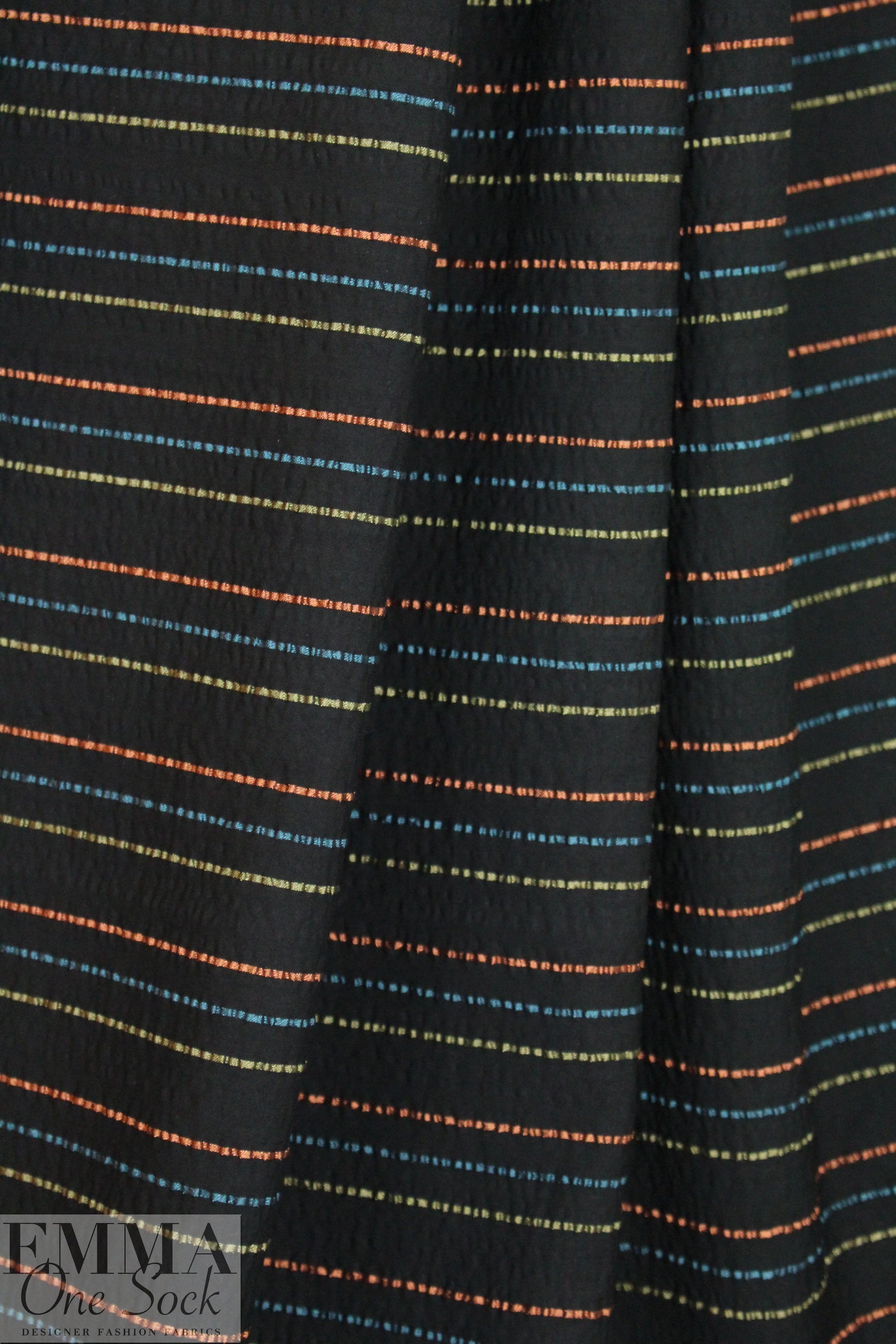 NY designer black crinkle woven with ribbon stripes 1.625 yd