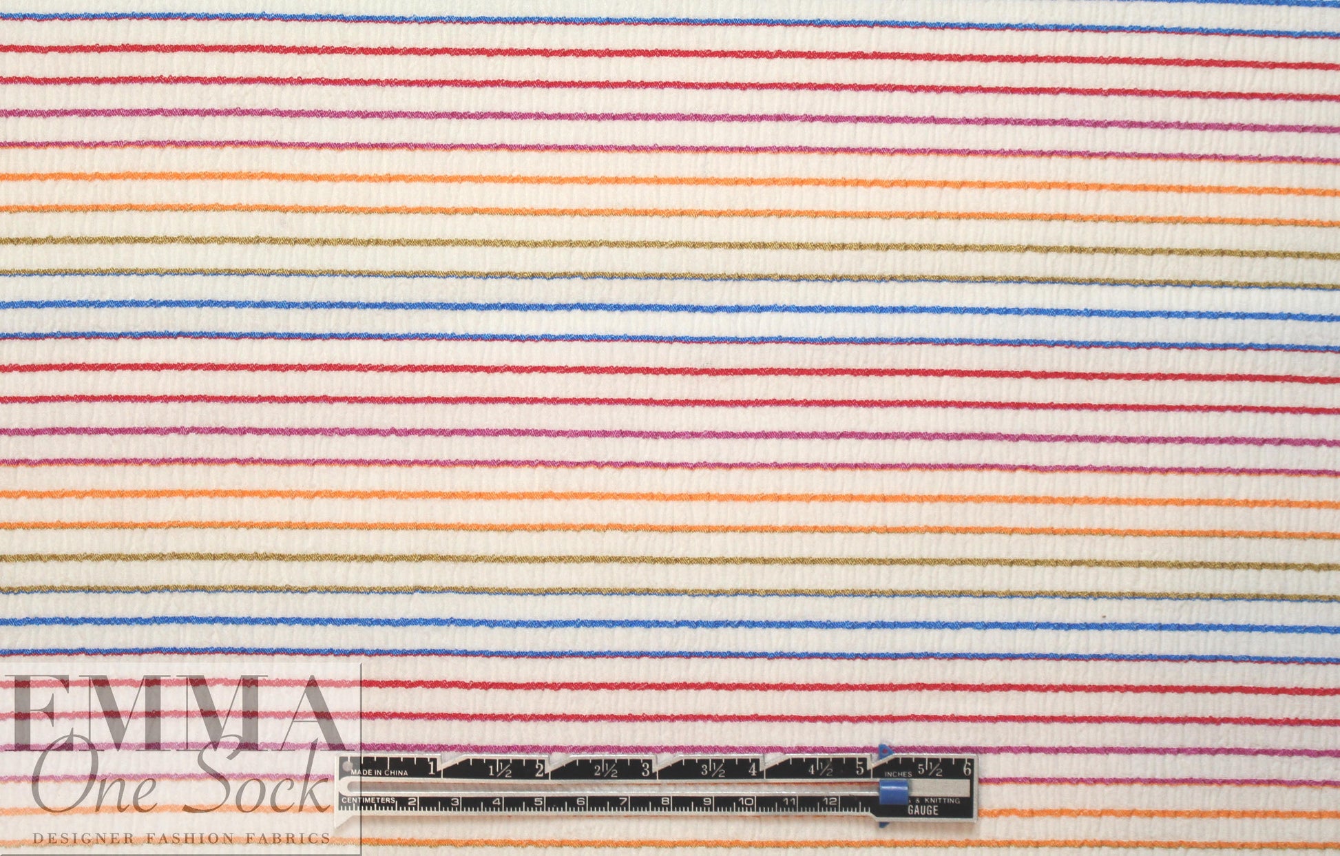 NY designer ivory crinkle stretch woven with colorful stripes