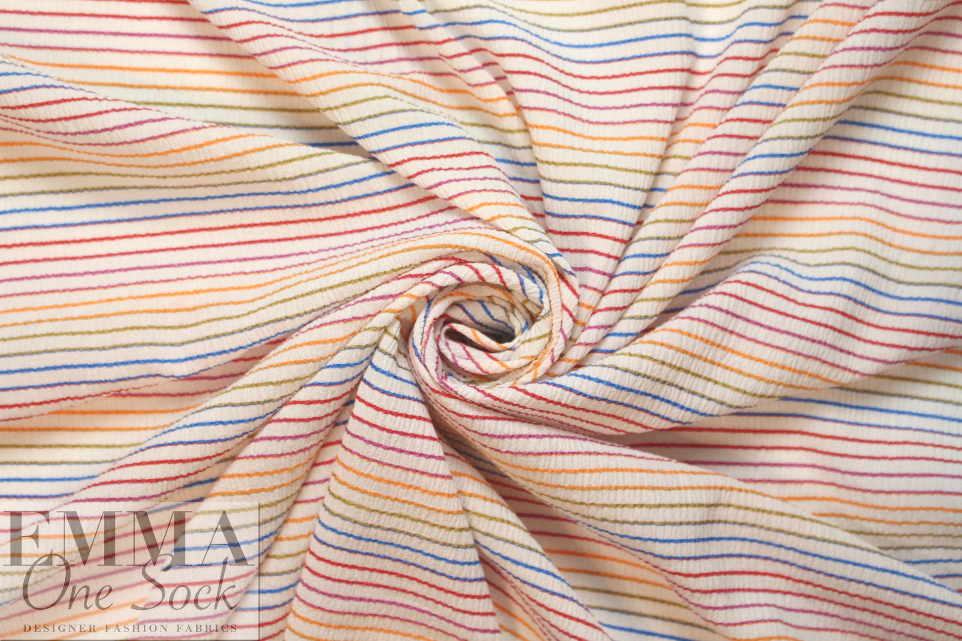 NY designer ivory crinkle stretch woven with colorful stripes