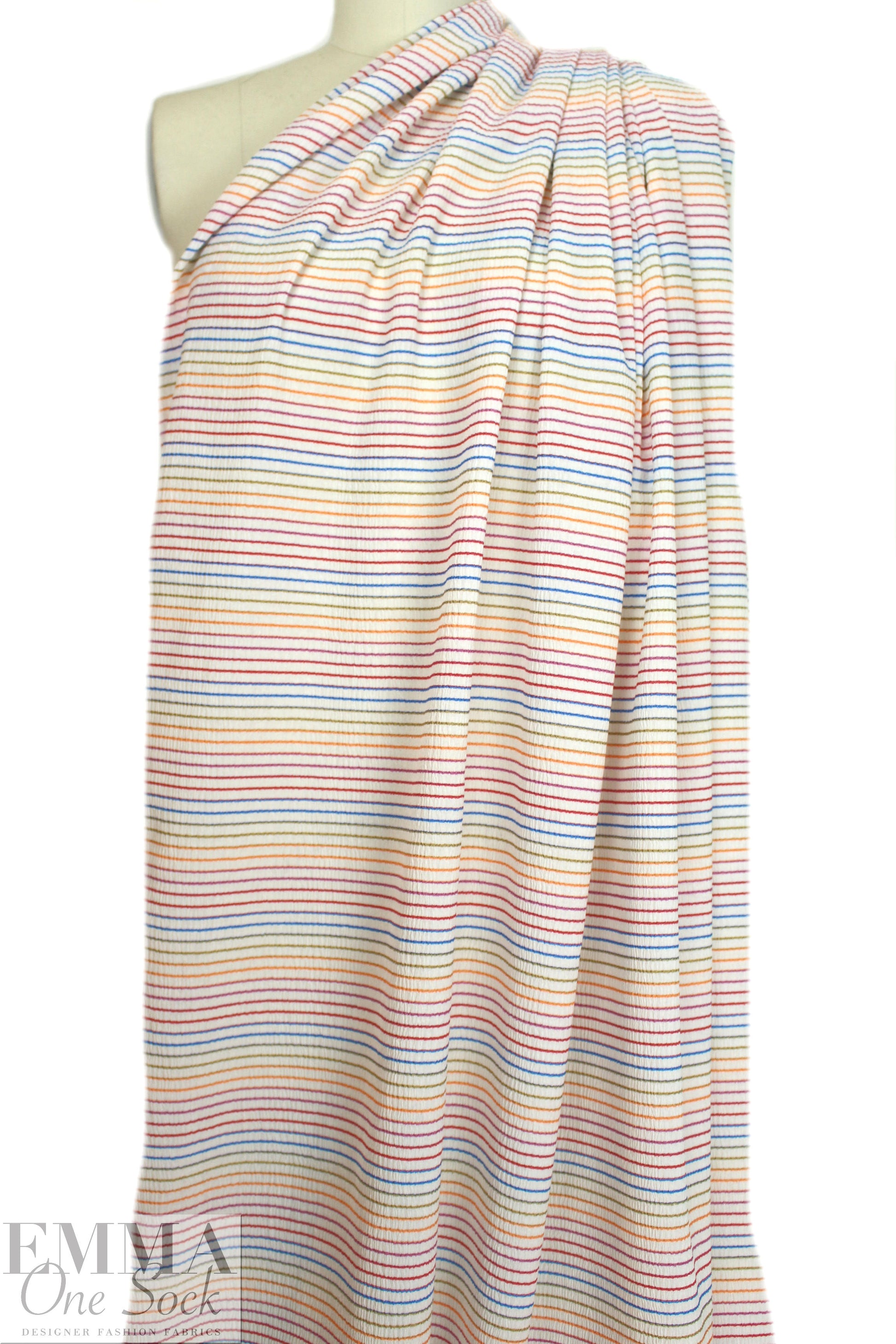 NY designer ivory crinkle stretch woven with colorful stripes