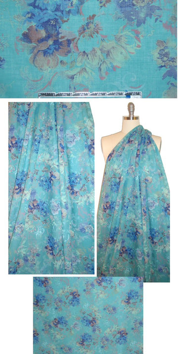 French teal/navy floral bouquet cotton voile
