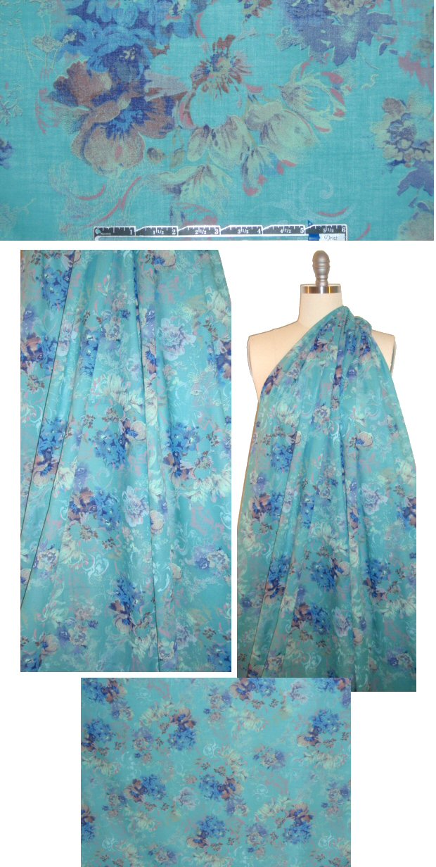French teal/navy floral bouquet cotton voile 1.20 yds