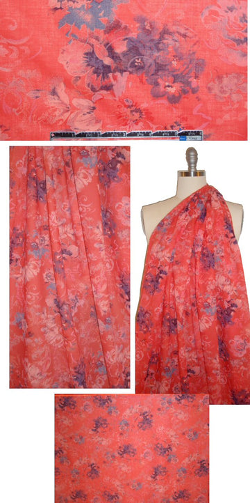 French coral red/indigo floral bouquet cotton voile