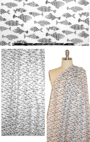 decorative fish all cotton voile - black/white