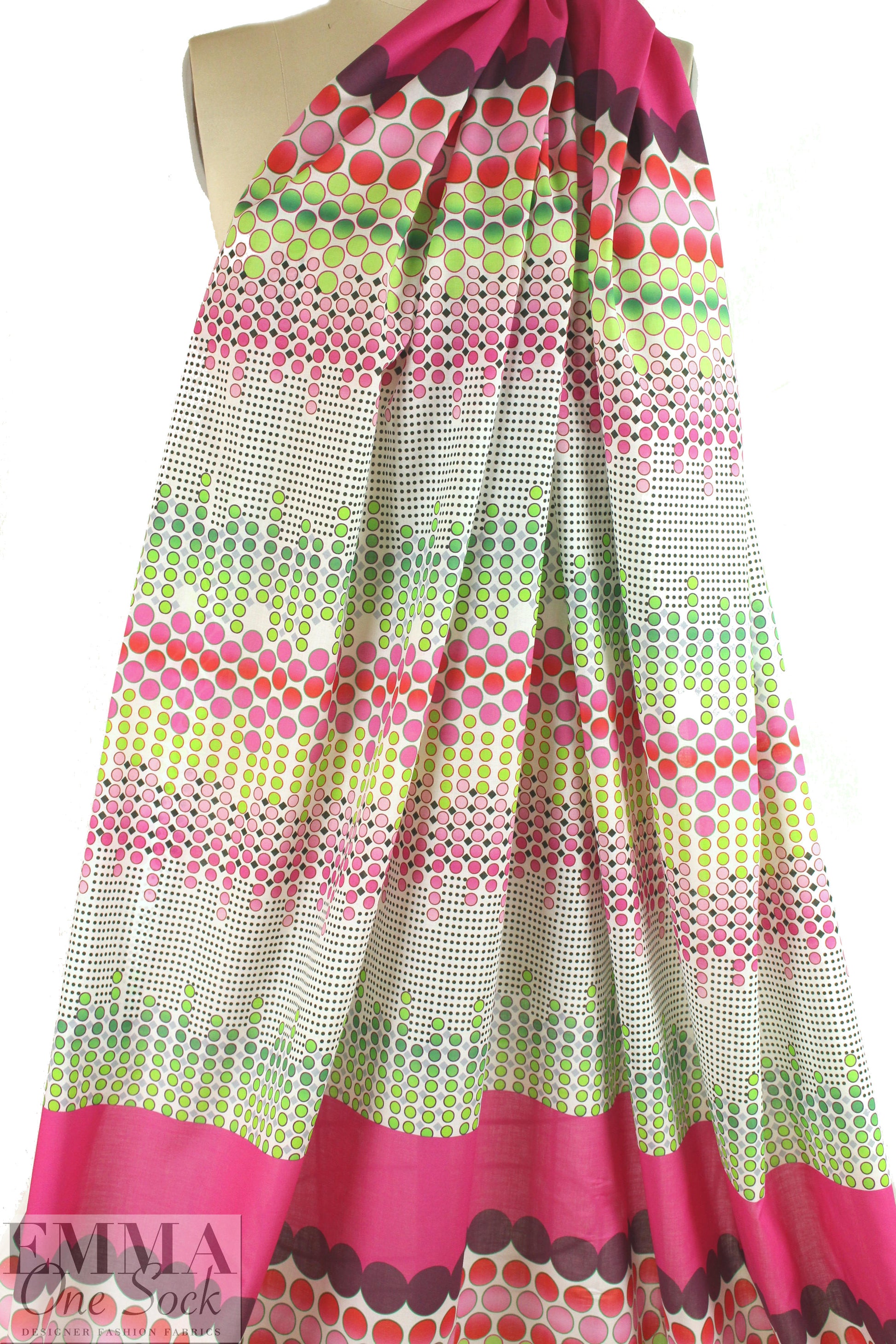 Italian pink/lime/plum dotty panel print cotton voile