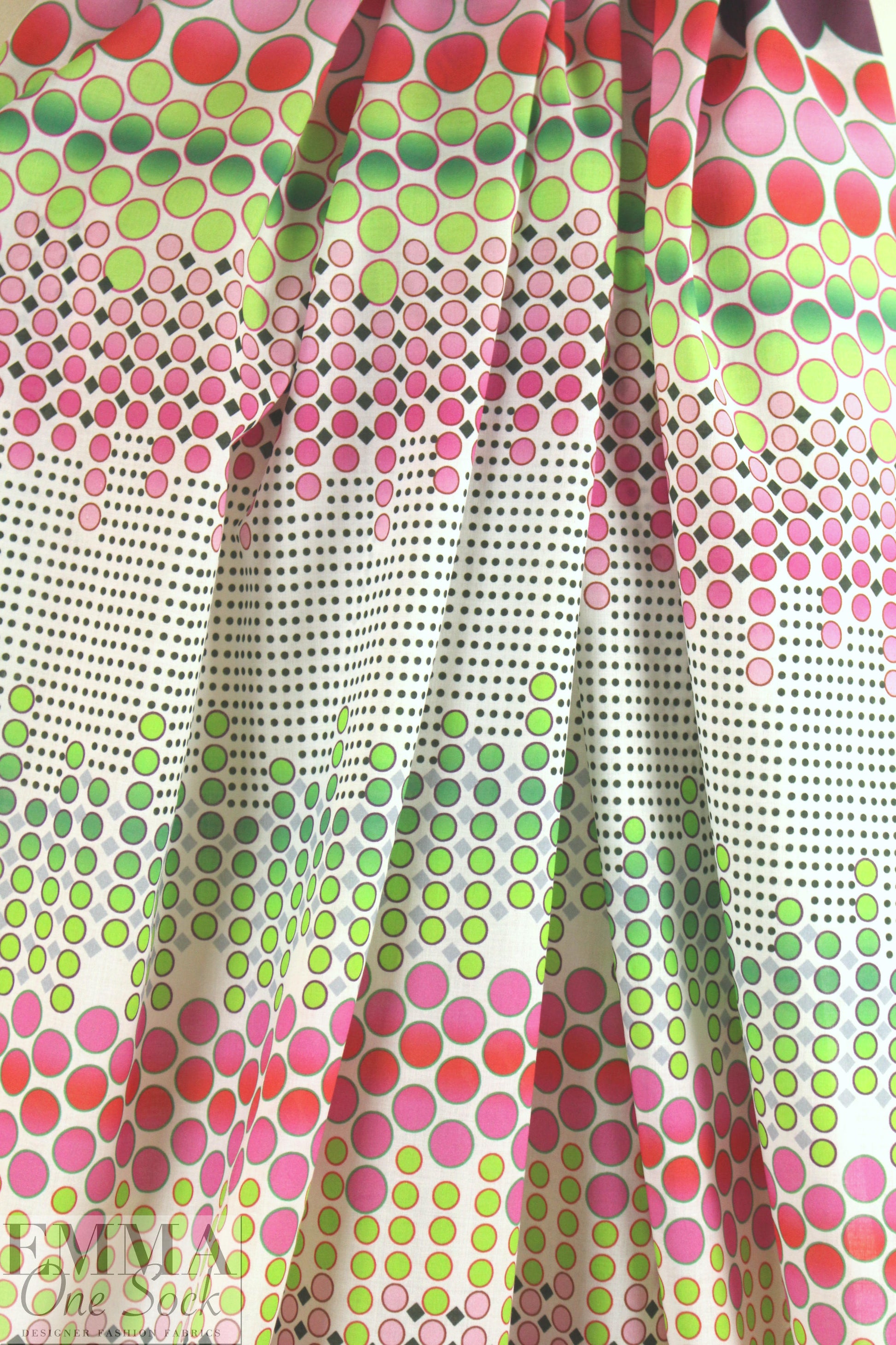 Italian pink/lime/plum dotty panel print cotton voile
