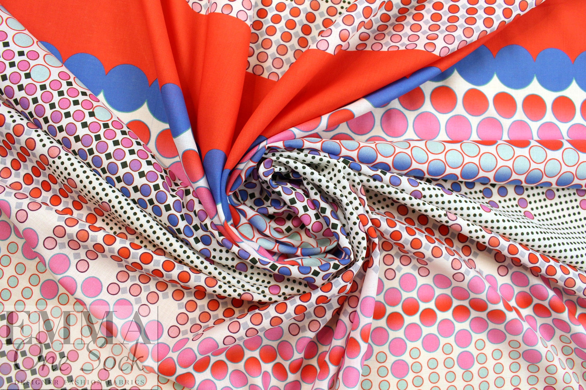 Italian red/blue/aqua dotty panel print cotton voile