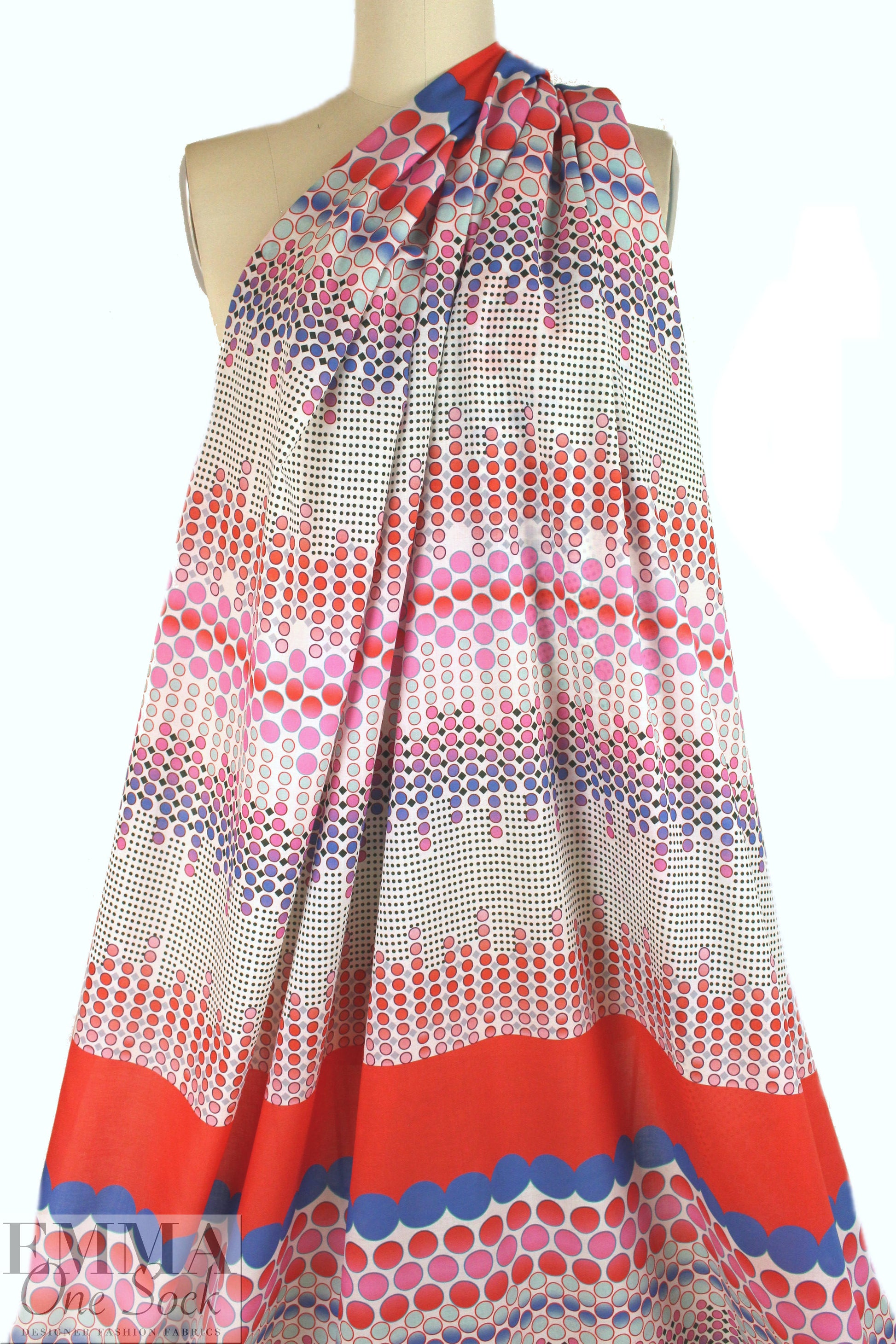 Italian red/blue/aqua dotty panel print cotton voile .625 yds
