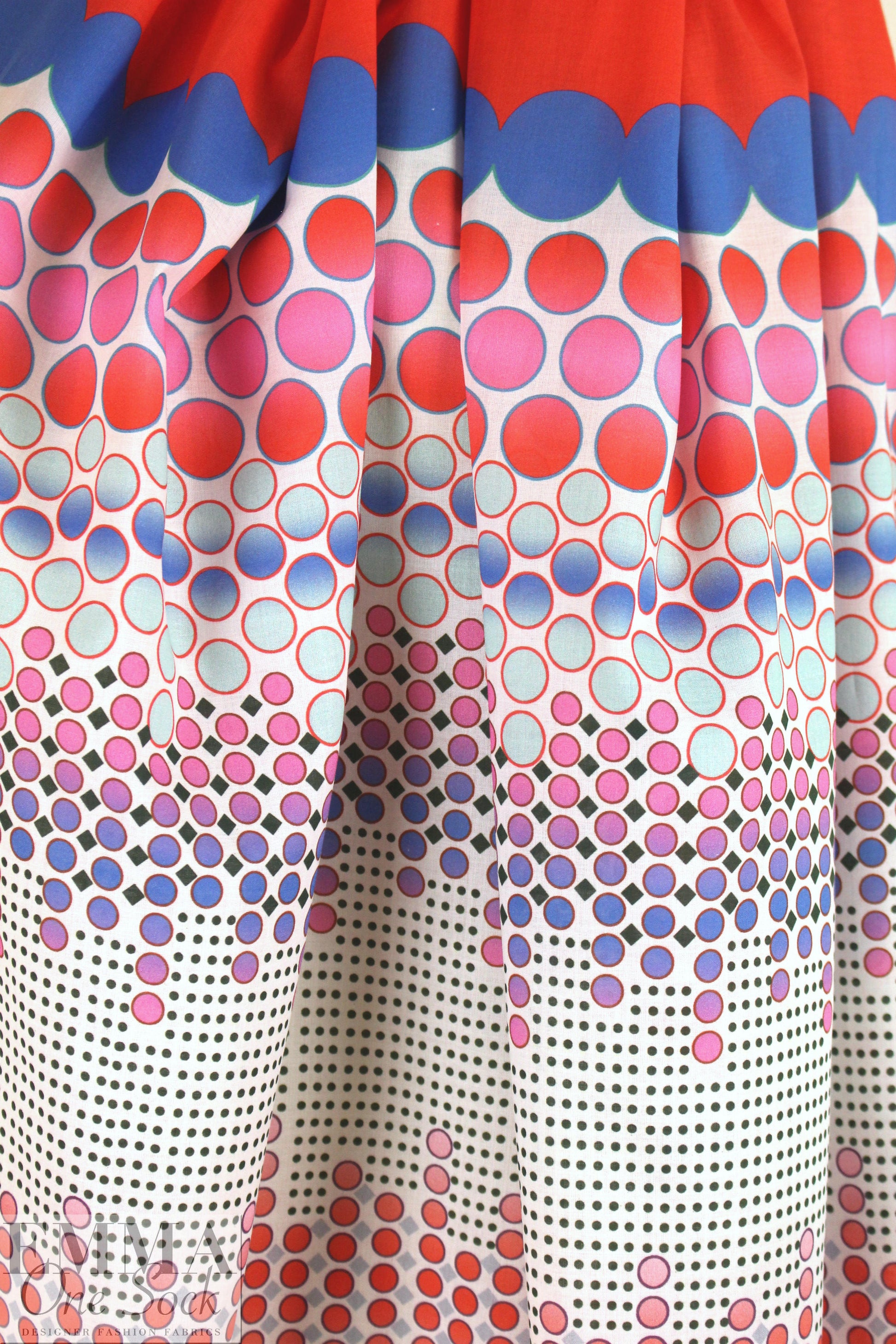 Italian red/blue/aqua dotty panel print cotton voile .625 yds