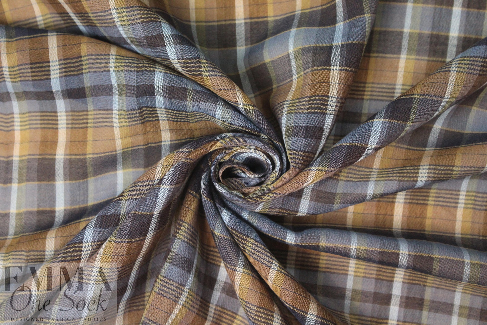 Italian acorn/slate/indigo plaid cotton voile