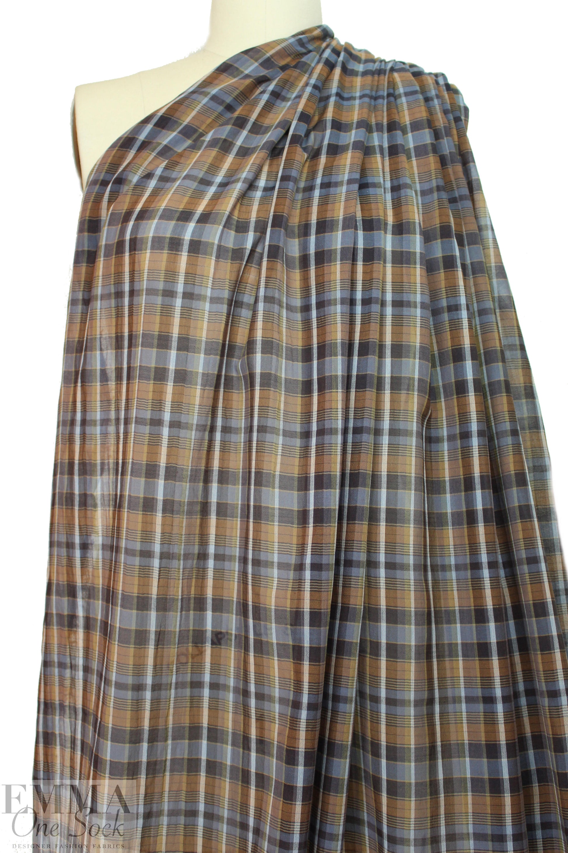 Italian acorn/slate/indigo plaid cotton voile