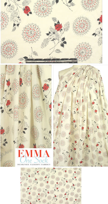 NY designer red/black/ivory decorative floral cotton voile