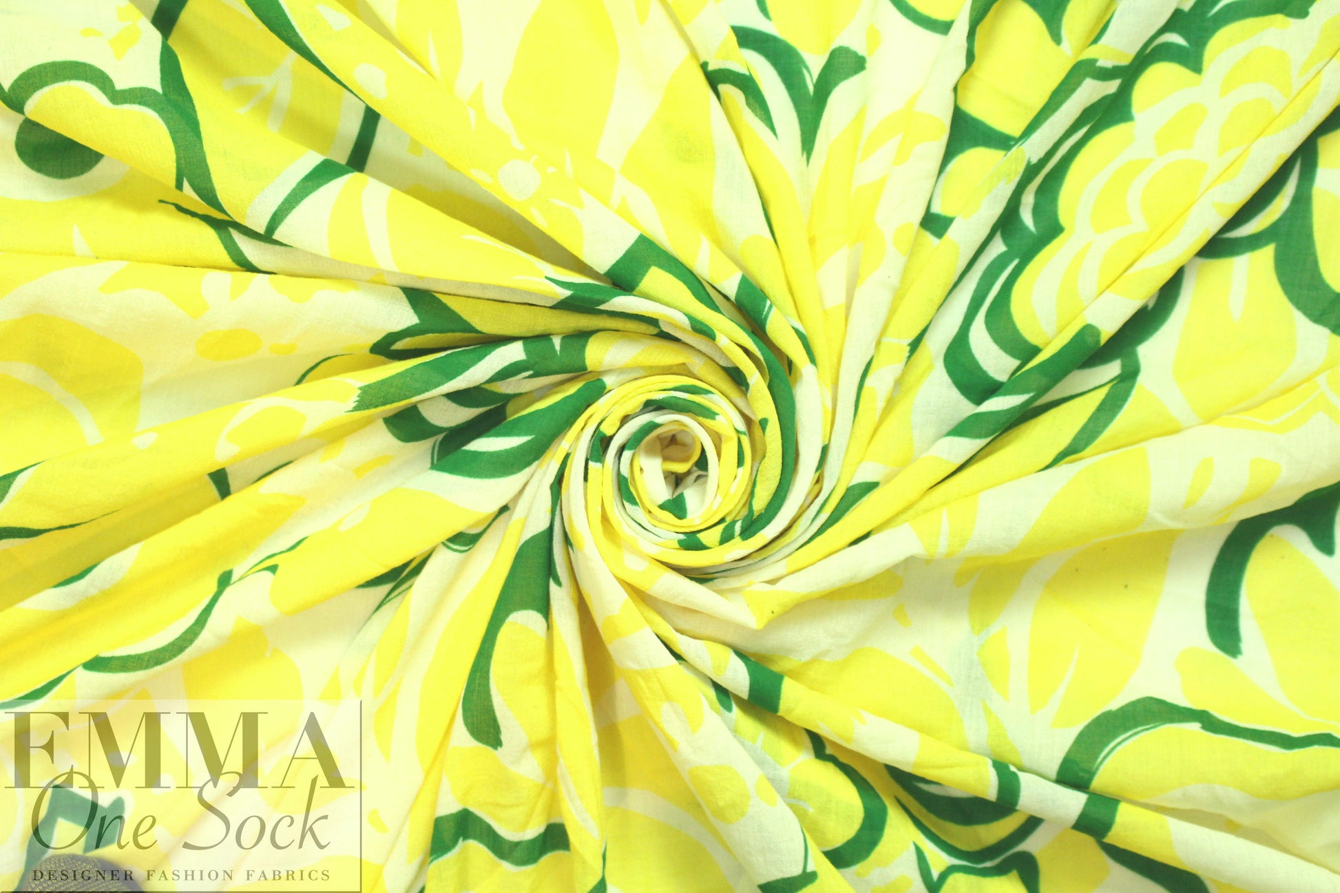 NY designer lemon/pine floral cotton voile woven
