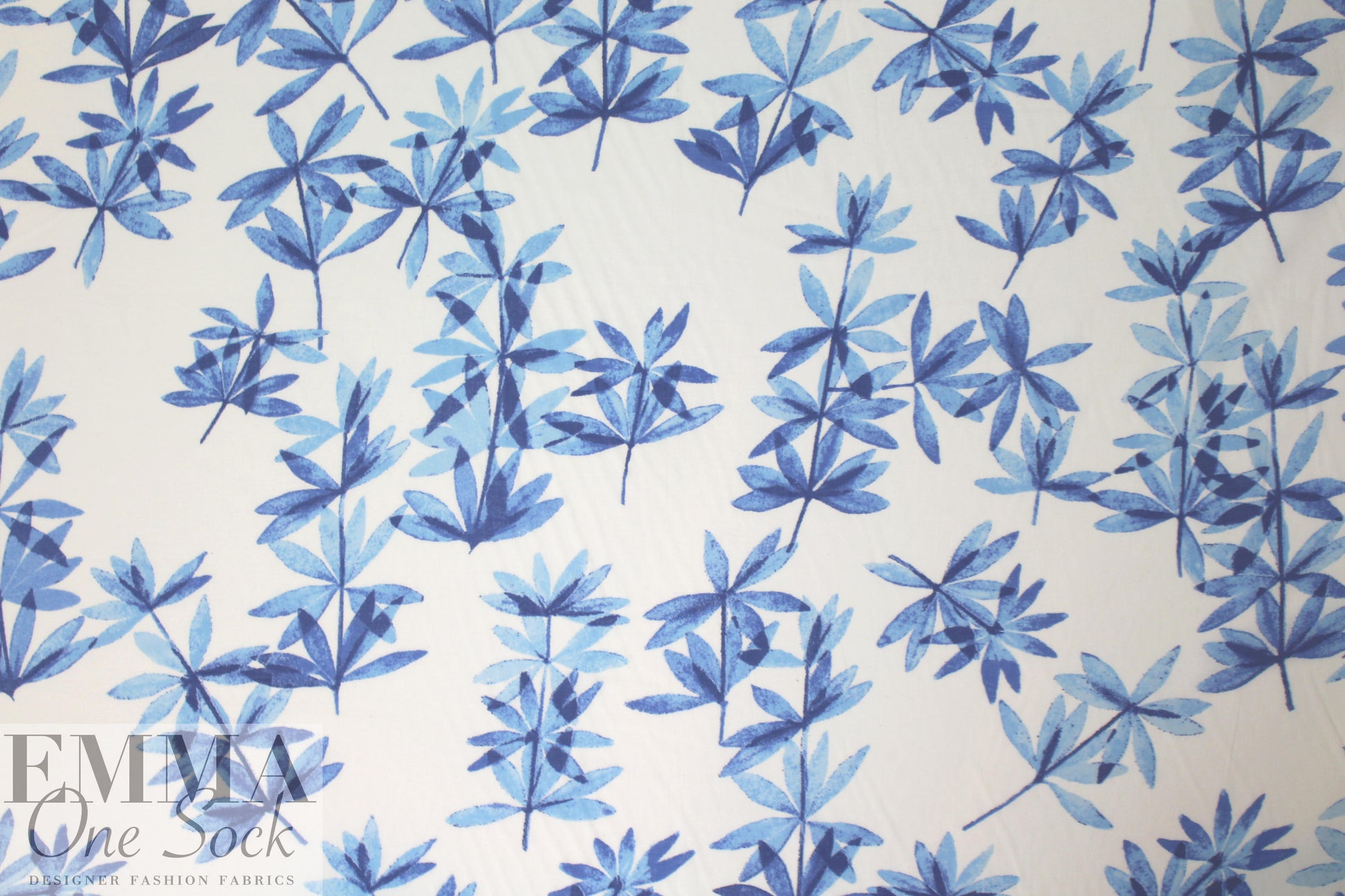 NY designer blue leaf silhouette cotton voile