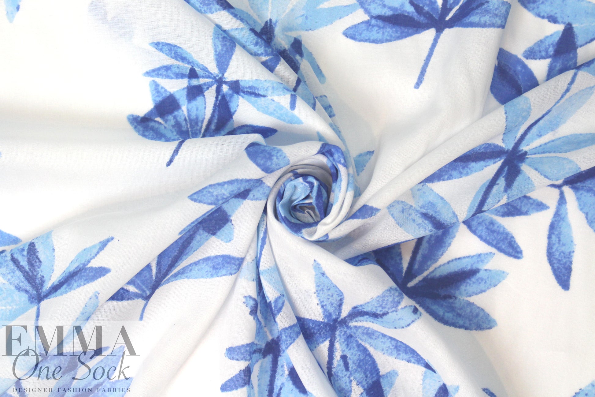 NY designer blue leaf silhouette cotton voile