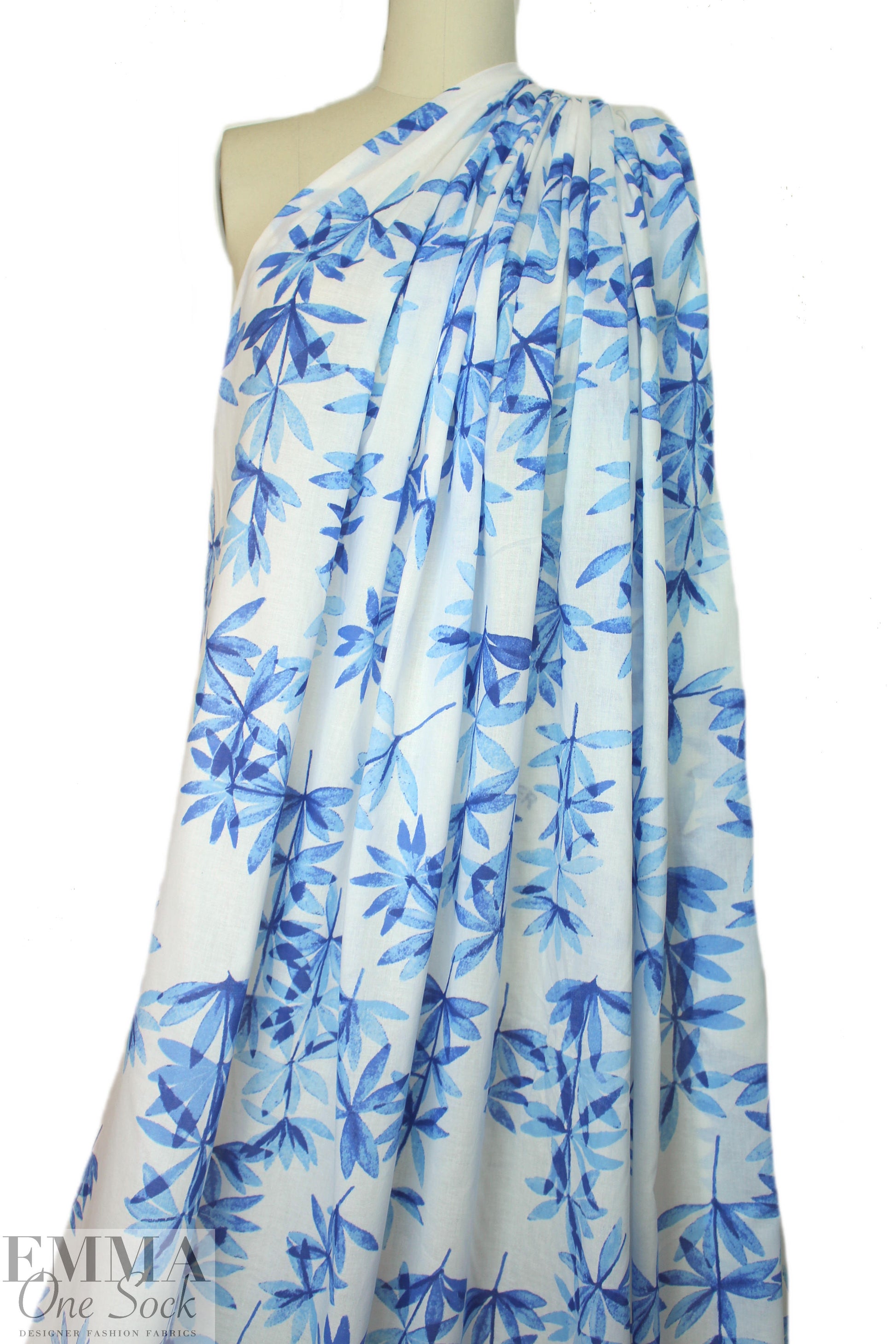 NY designer blue leaf silhouette cotton voile