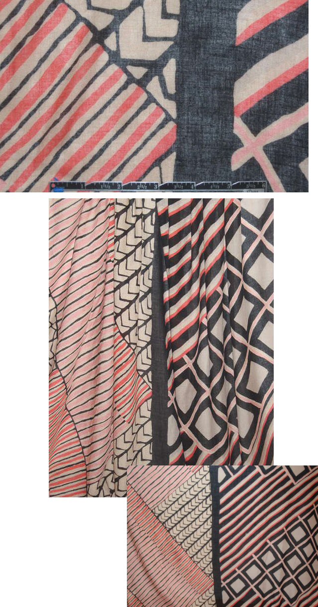 Italian linen voile, coral/beige/black graphic woven