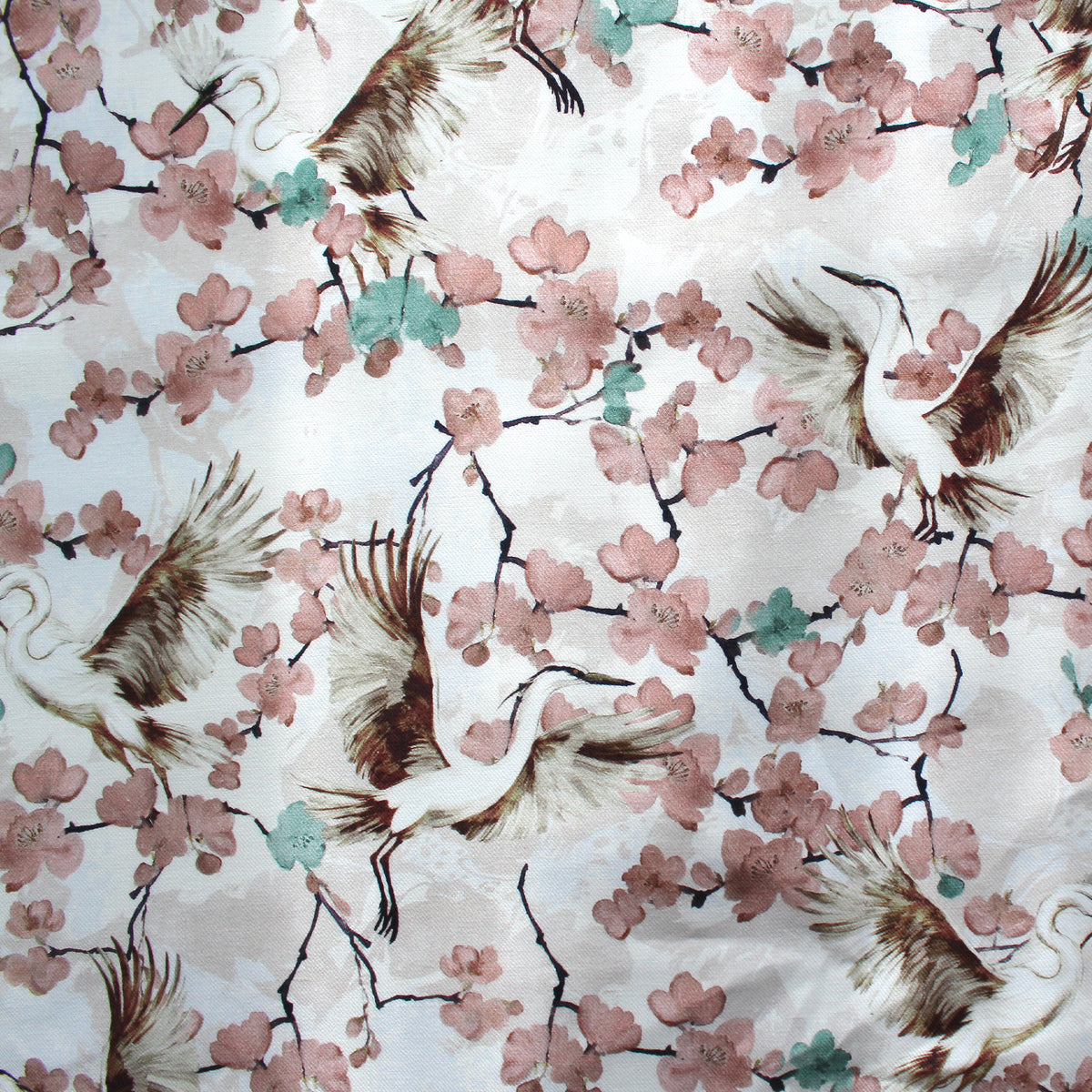 linen mid-weight woven, printed floral 'cranes'