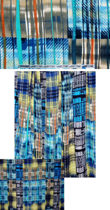 blue/olive techno-plaid digital drapey woven 1.66 yd