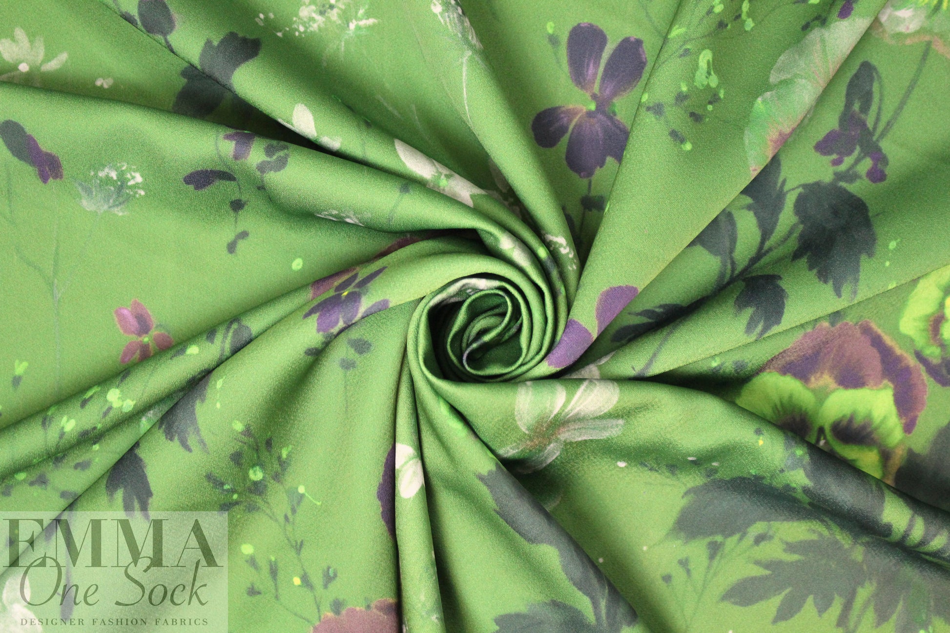 NY designer painerly floral poly crepe woven - fern green