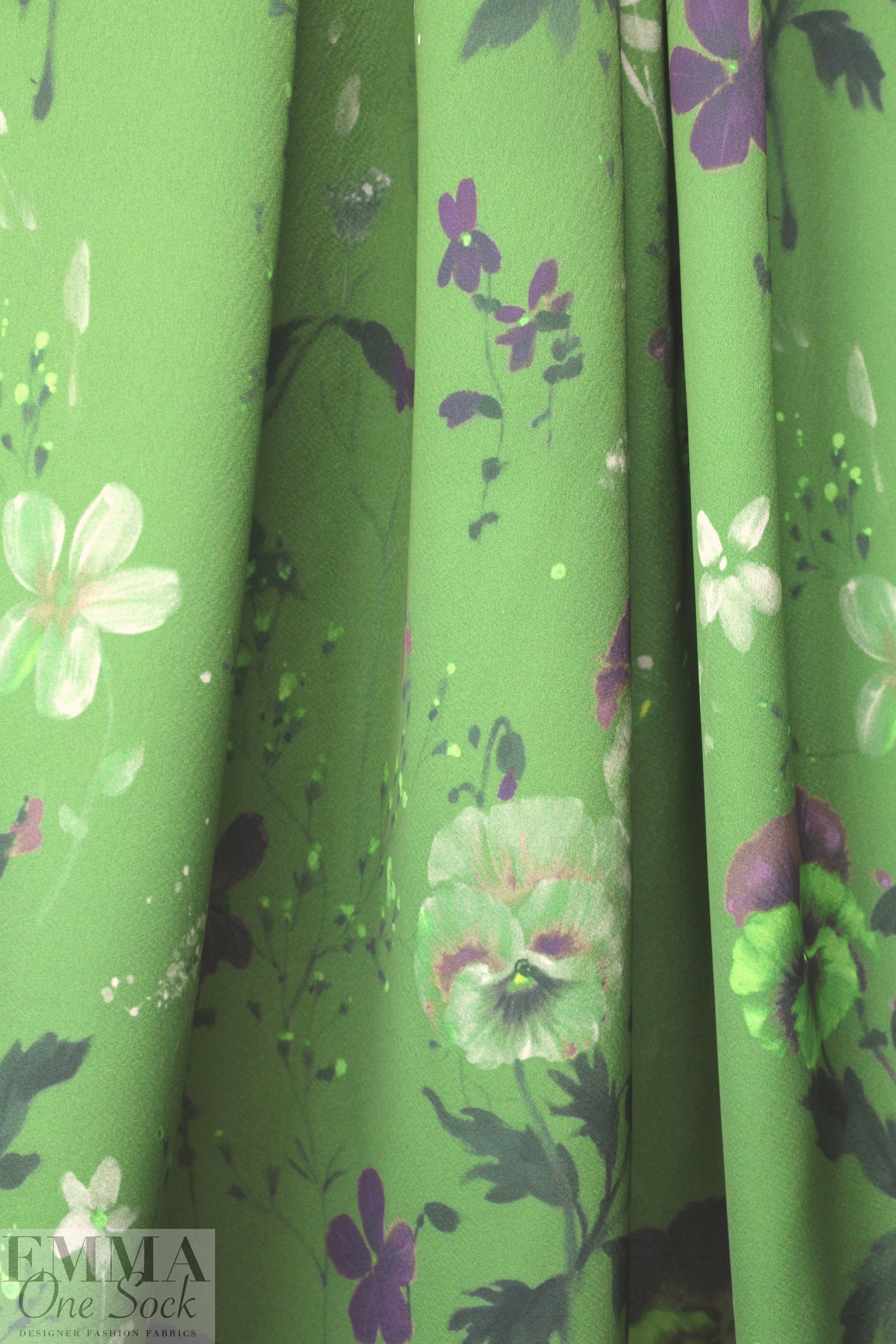 NY designer painerly floral poly crepe woven - fern green .75 yds