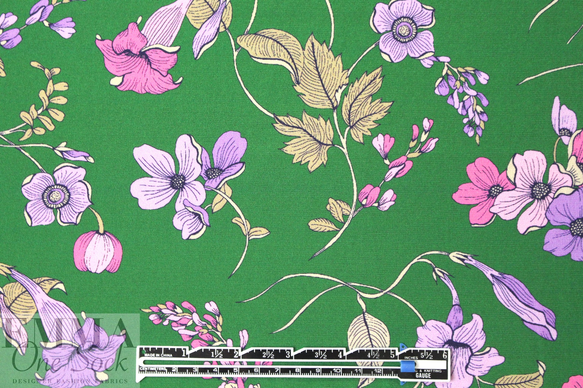 Italian botanicals on green silk crepe de chine 1.5 yds