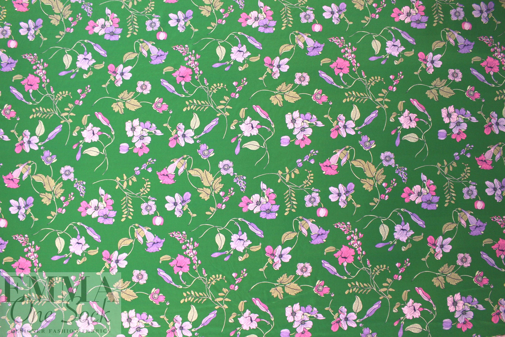 Italian botanicals on green silk crepe de chine 1.5 yds