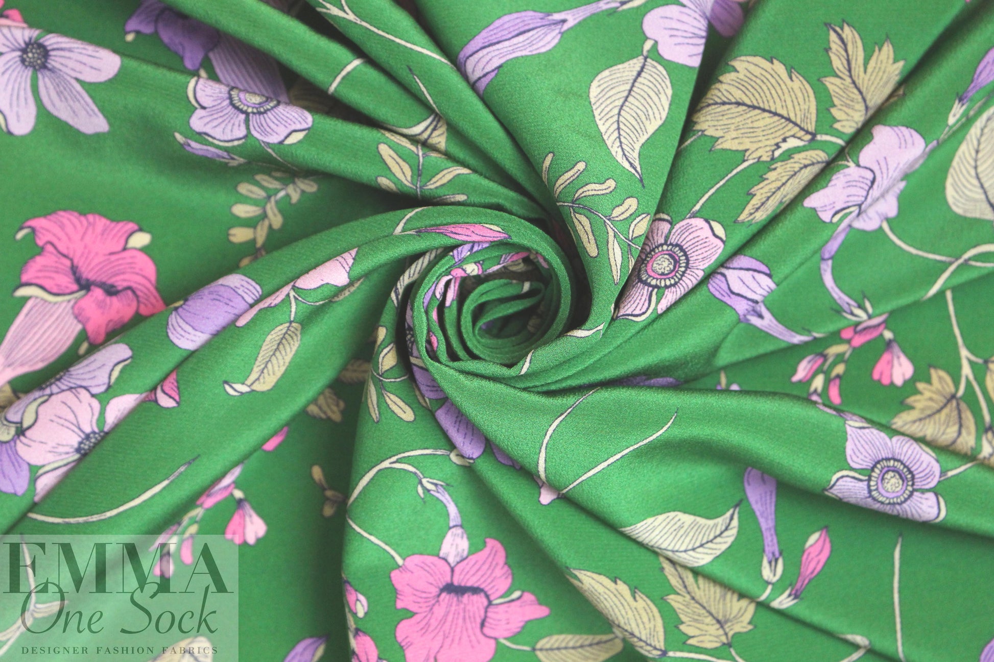 Italian botanicals on green silk crepe de chine