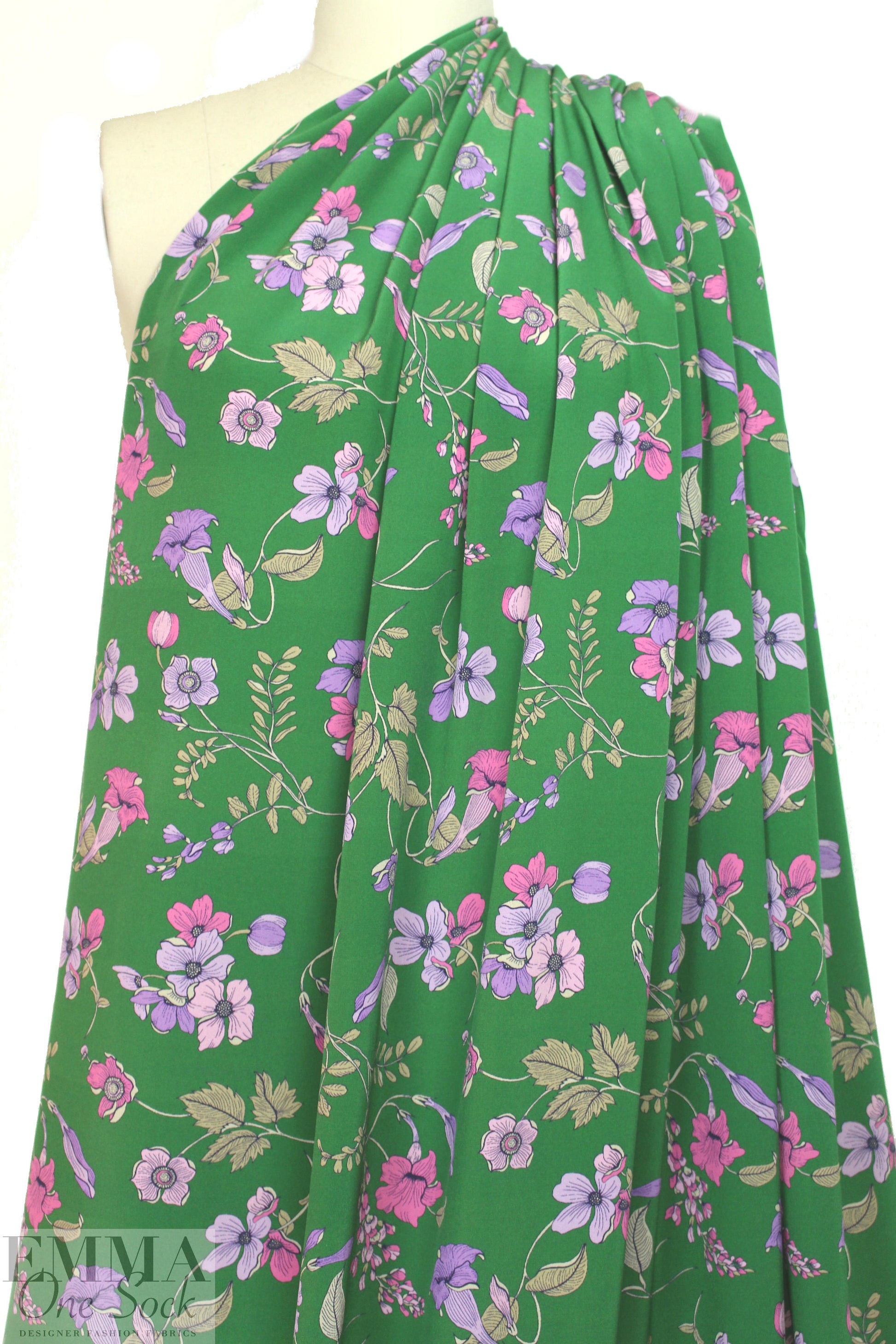 Italian botanicals on green silk crepe de chine 1.5 yds