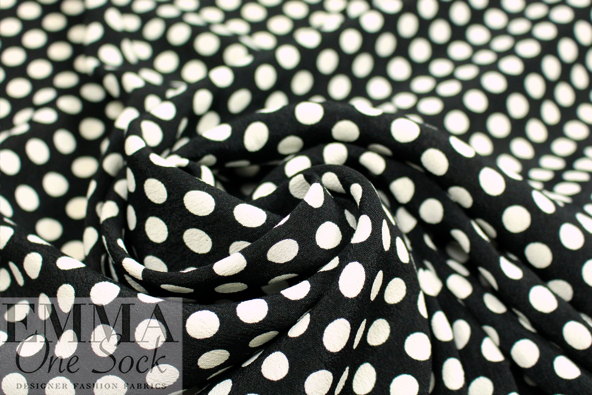 Rache1 Comey white on black dot viscose/silk crepe .75 yds