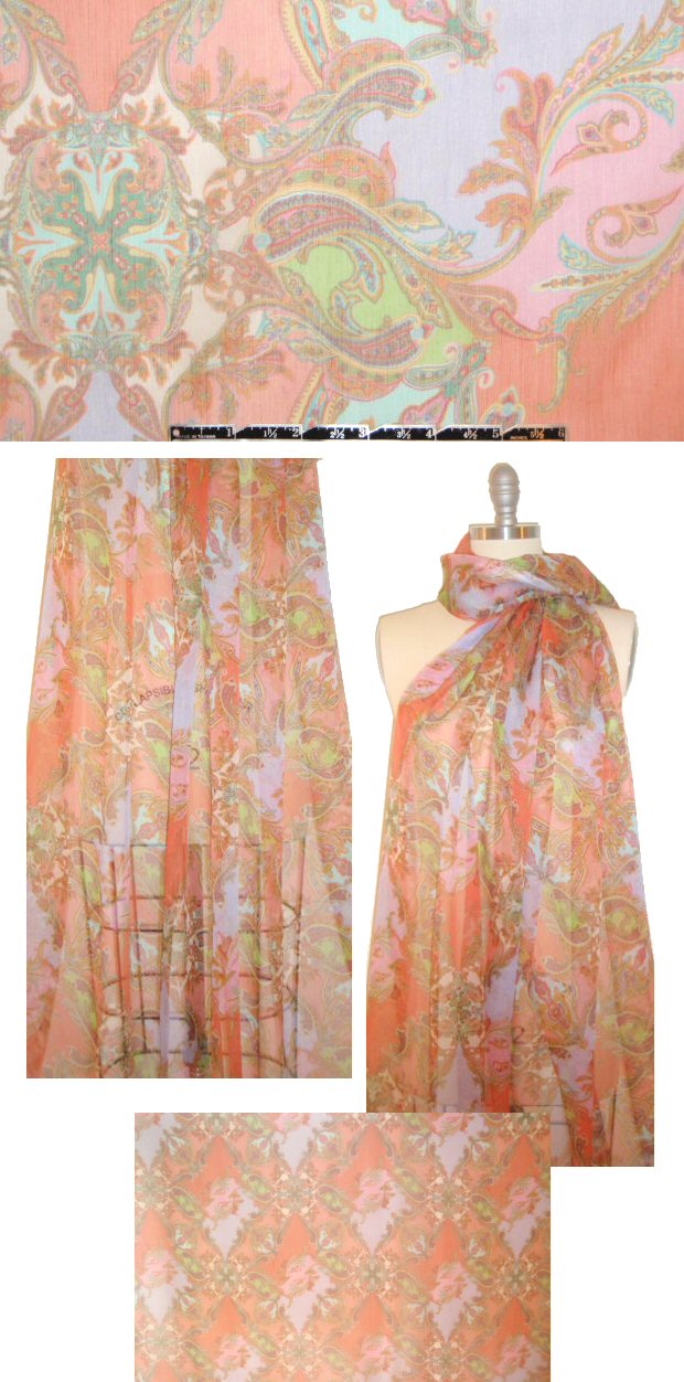 Italian coral paisley scrollwork crinkle silk chiffon