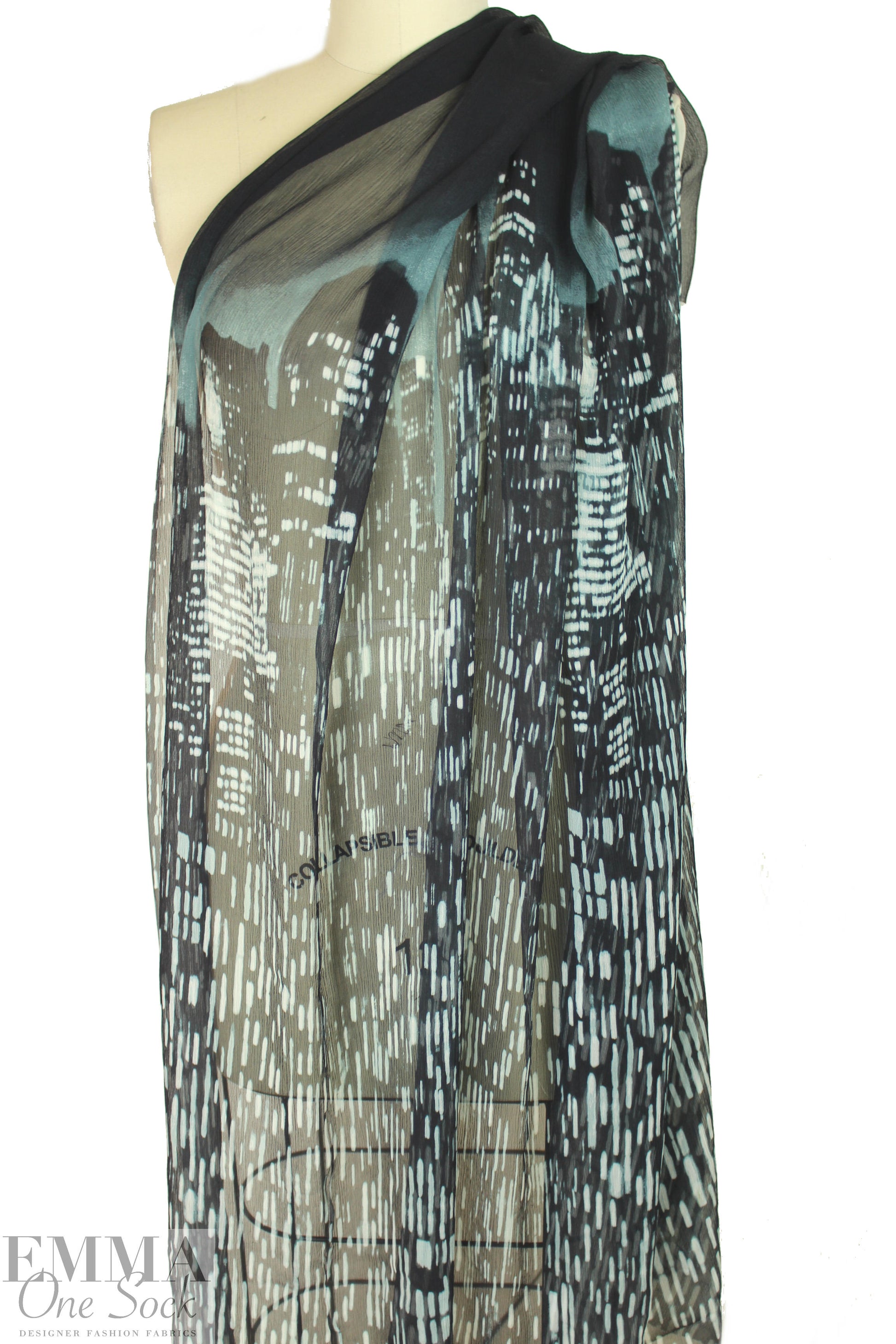 NY designer twilight skyline panel silk crinkle chiffon