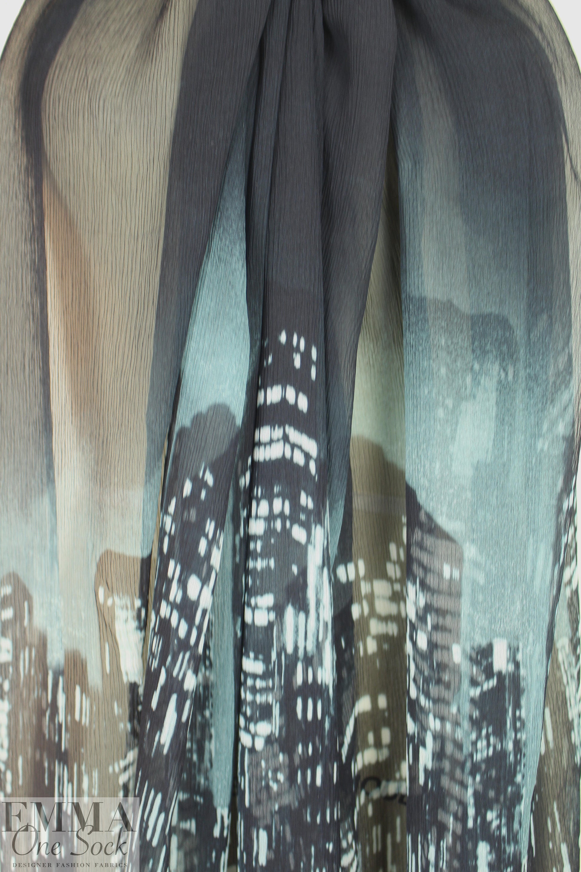 NY designer twilight skyline panel silk crinkle chiffon