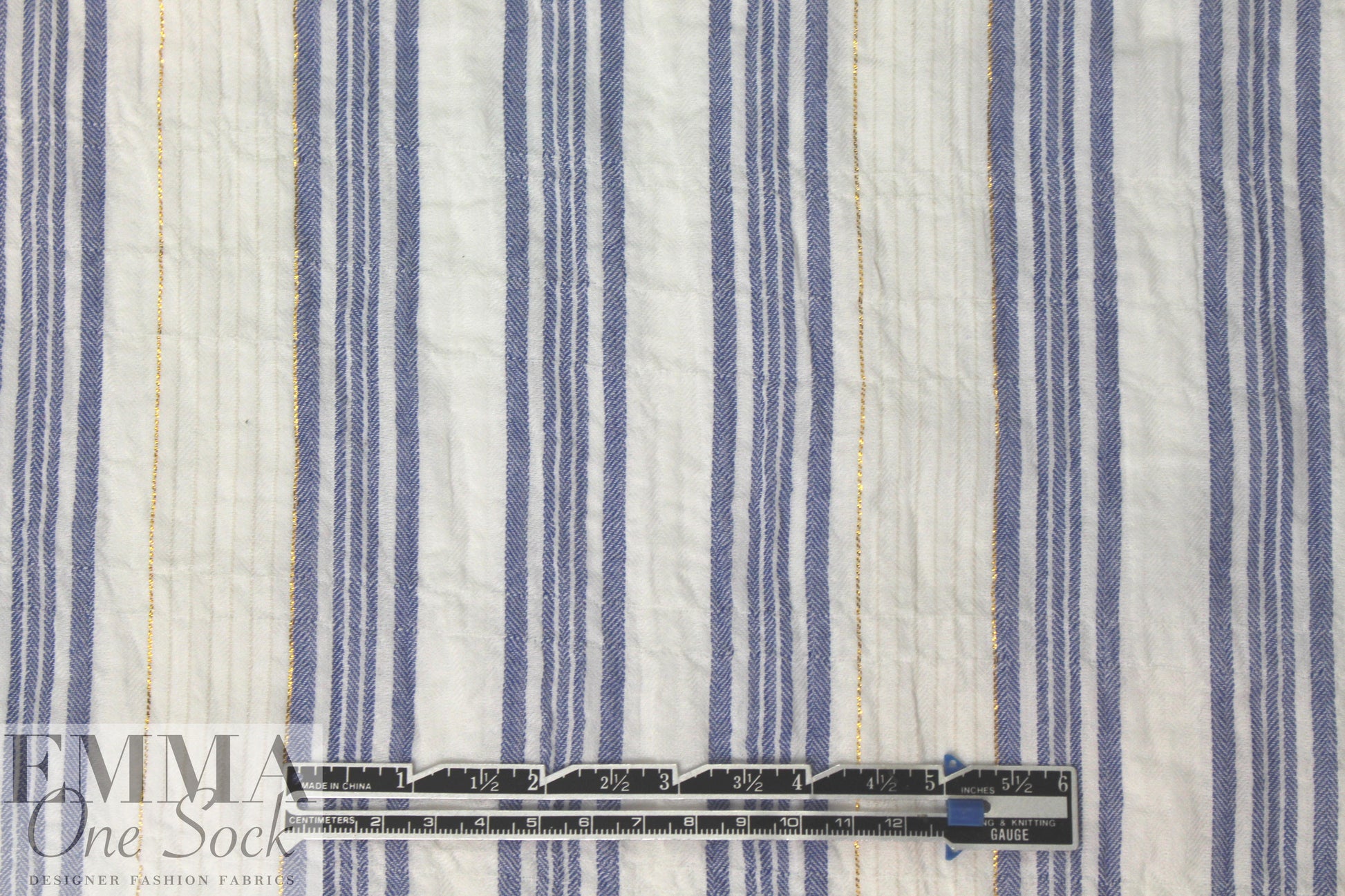 NY designer crinkle metallic stripe cotton - blue/white