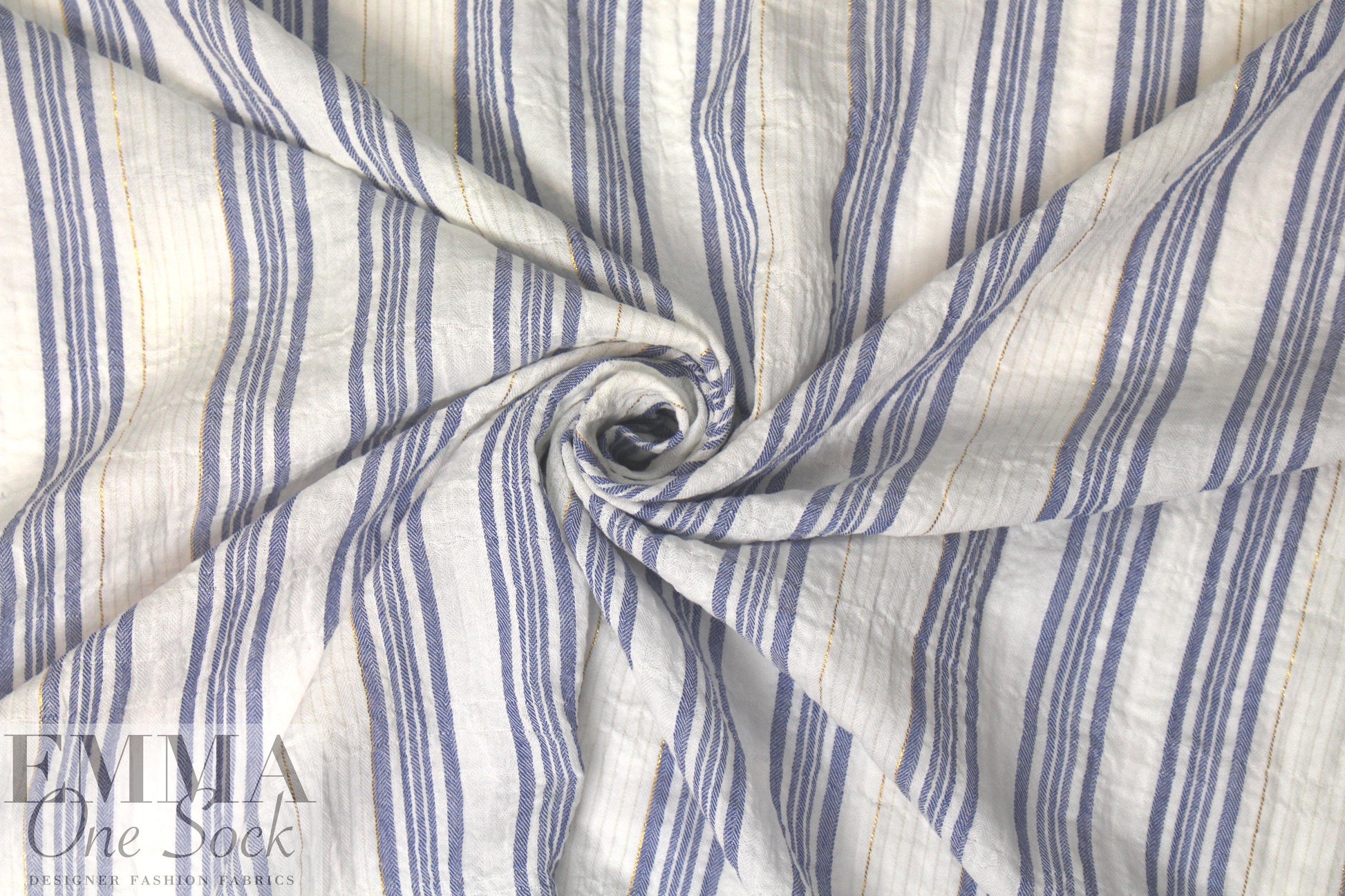 NY designer crinkle metallic stripe cotton - blue/white