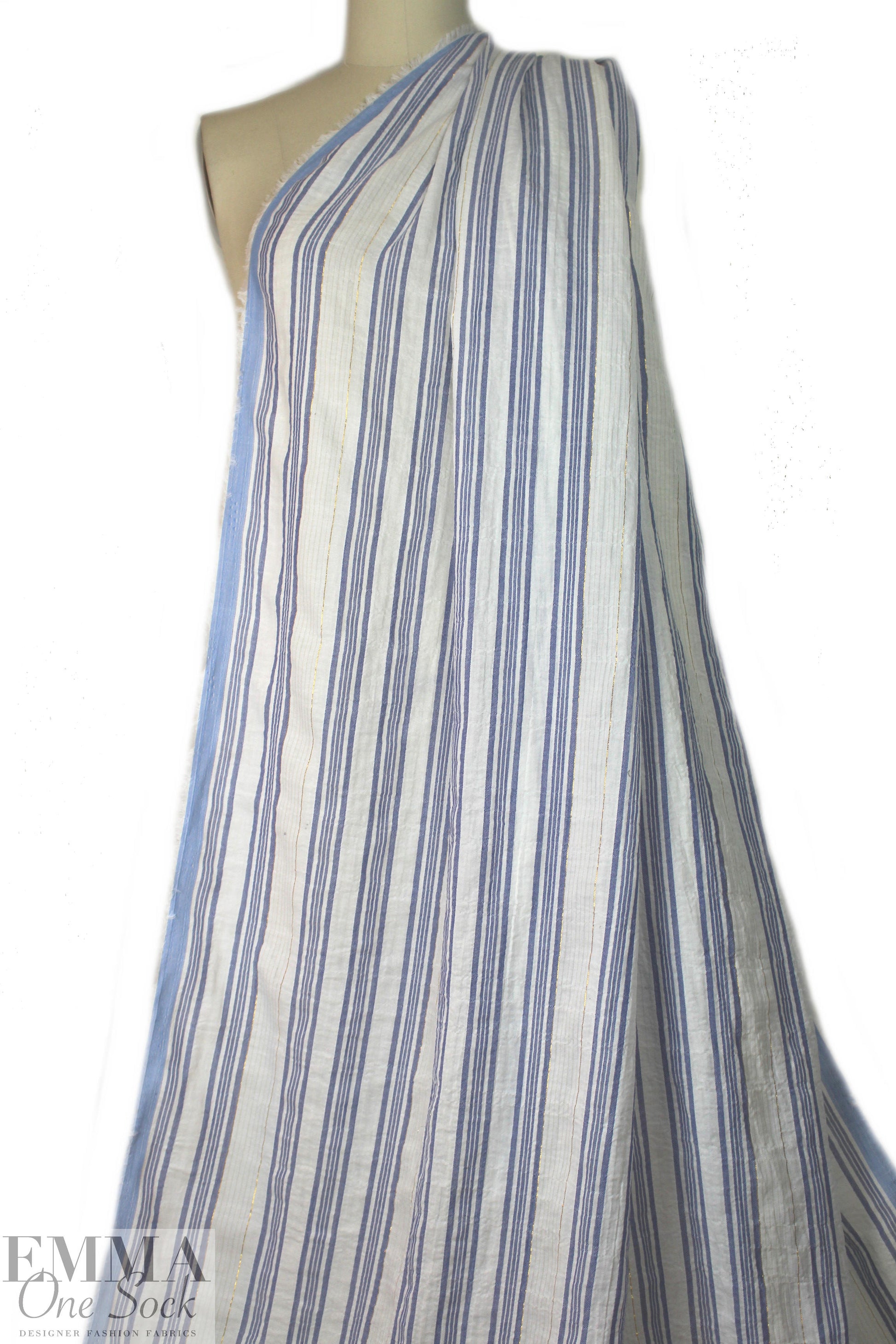 NY designer crinkle metallic stripe cotton - blue/white