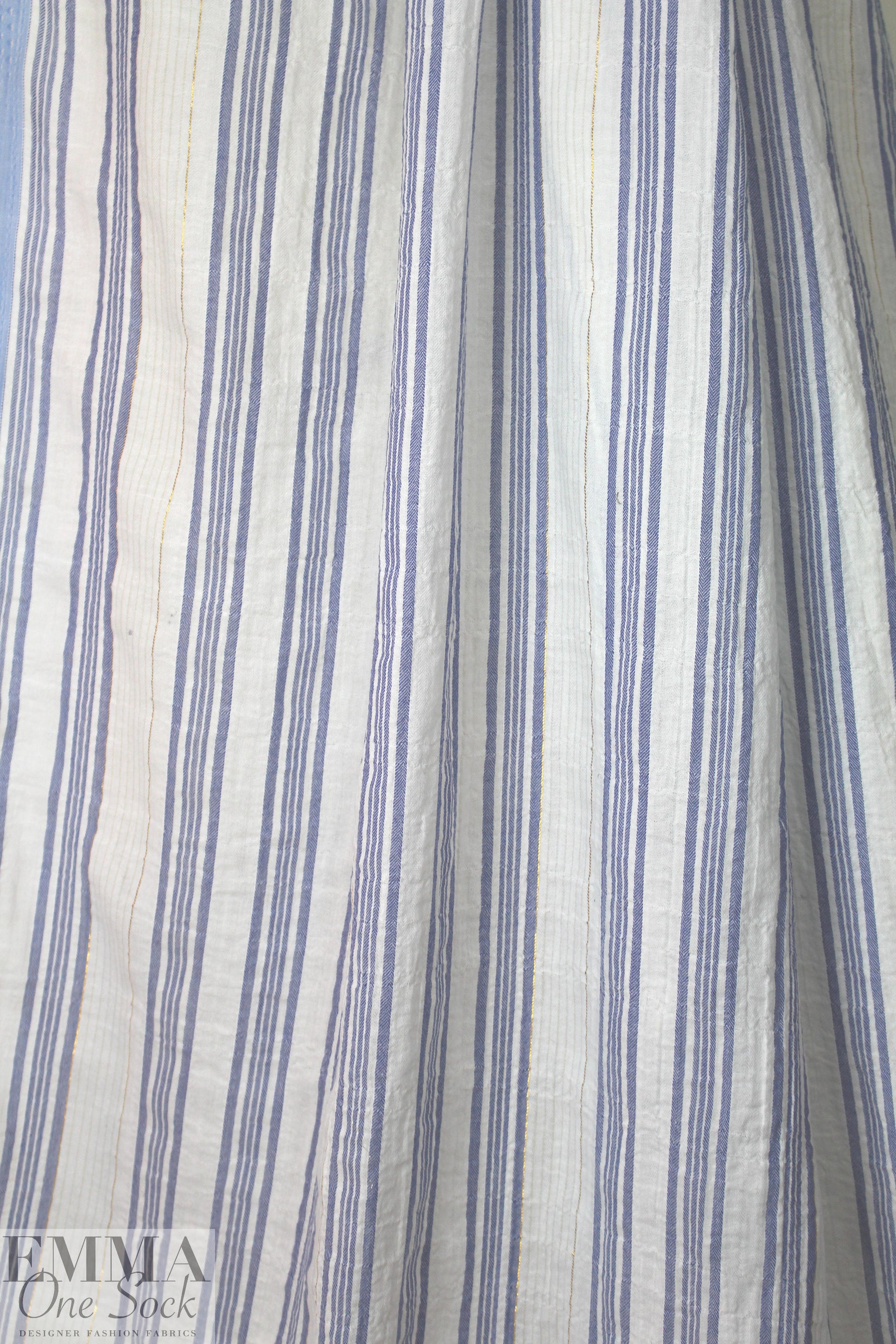 NY designer crinkle metallic stripe cotton - blue/white